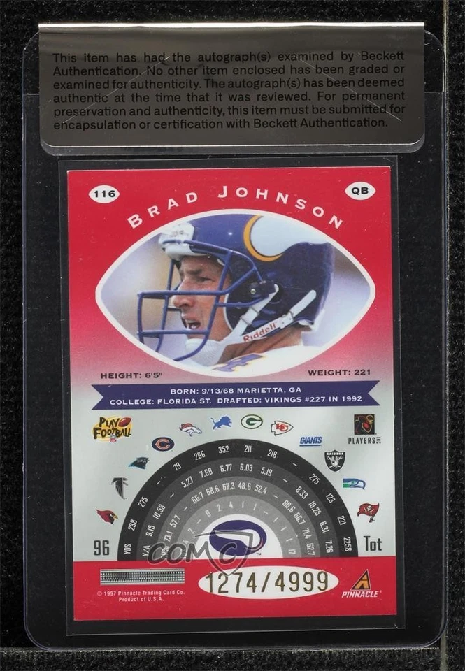 BAS 1997 Pinnacle Totally Certified Platinum Red /4999 Brad Johnson #116 Auto - Image 2 of 2