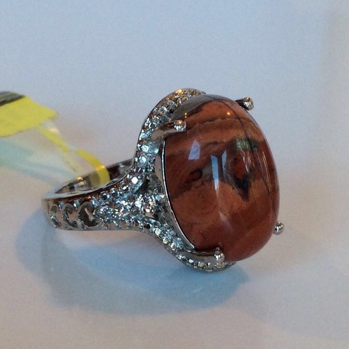TGW 12.44 Ct. Oval Jasper, White Austrian Crystal Platinum Overlay Ring SZ 8 - Picture 4 of 10