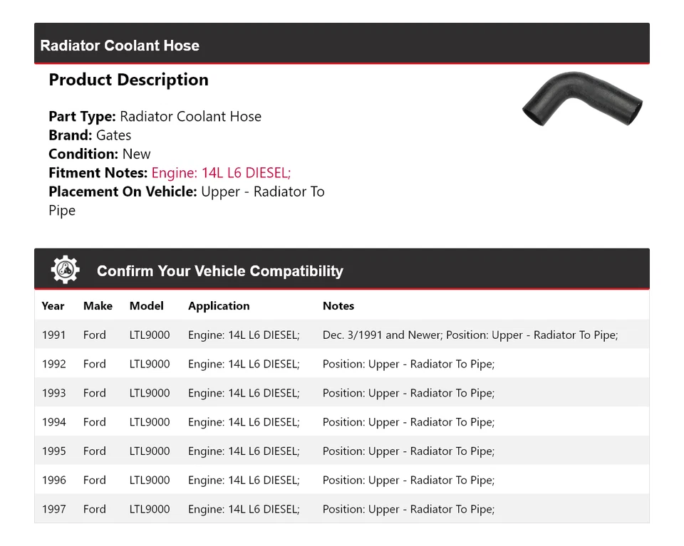 Para 1991-1997 Ford LTL9000 Radiador Líquido Refrigerante Mangueira Superior - Radiador para Portões de Tubulação - Imagem 2 de 4