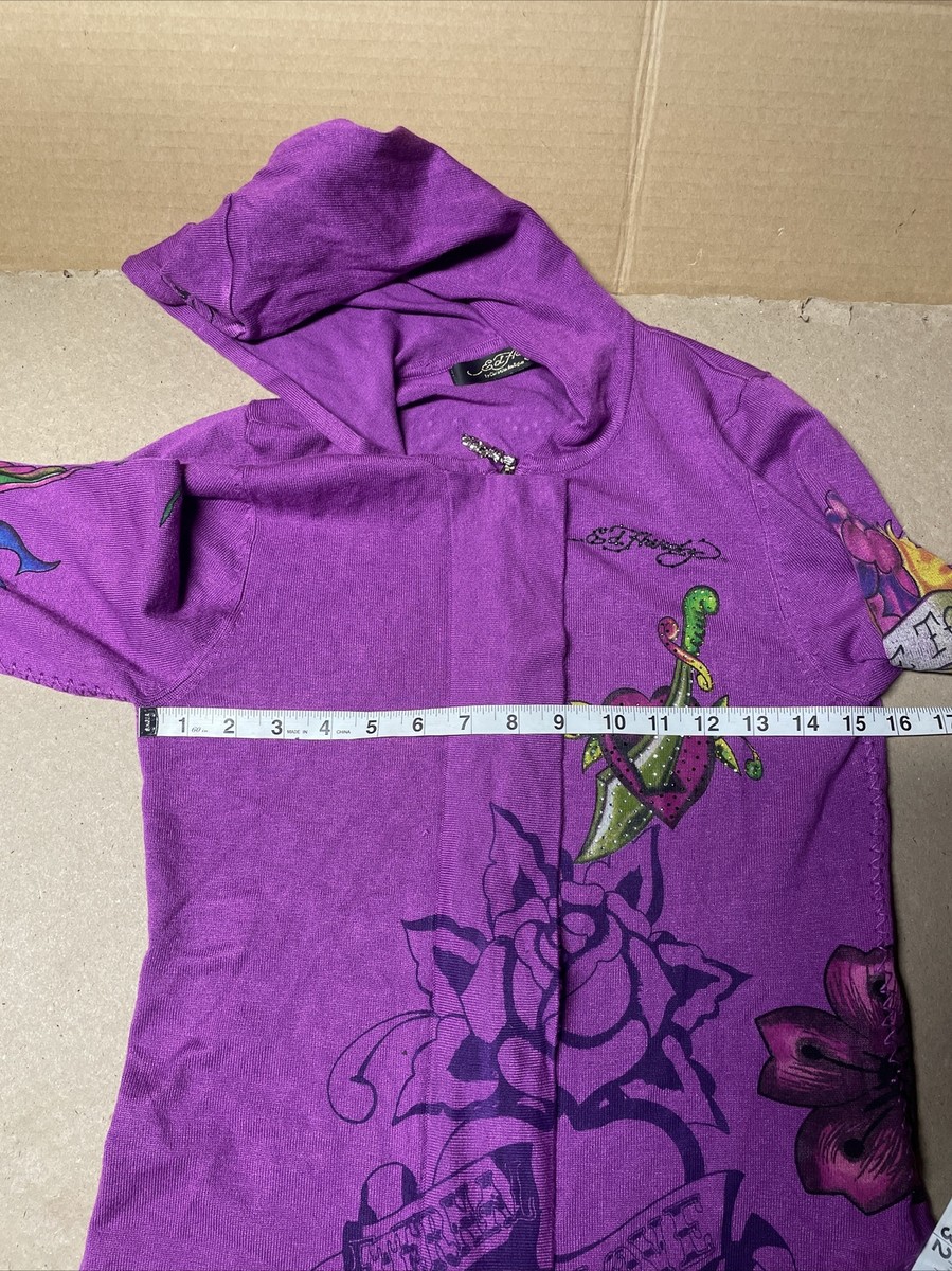 Ed Hardy Sweatshirt Womens Large Full Zip Purple Tattoo