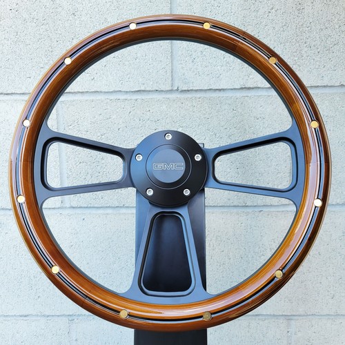 Steering Wheel 14 Inch Black Billet With Real Wood & Chevy Bowtie Horn Button Chevy Steering Wheel Cover - Foto 12