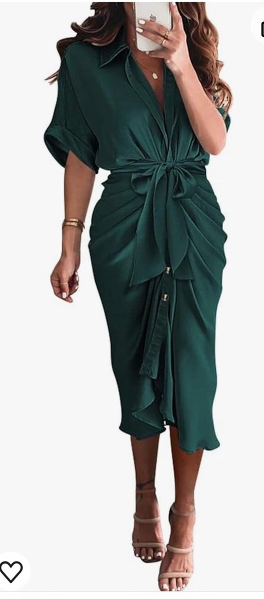BTFMB Size L Green Satin Pleated Waist Tie Shirt Dress Short Sleeve Midi |  eBay