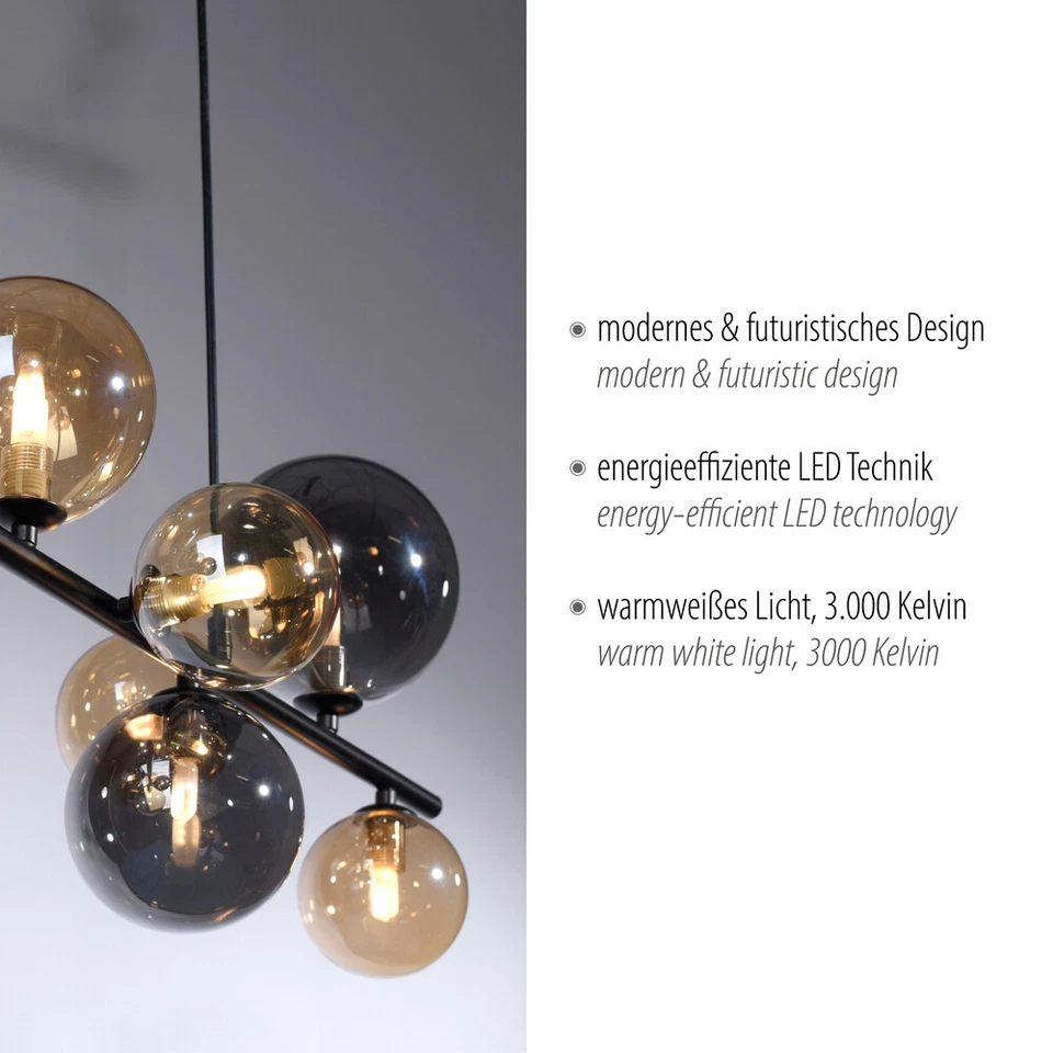 LED Pendelleuchte Kugel rauchglas amber G9 wechselbar Retro Wohnzimmer Esszimmer - Bild 3 von 4