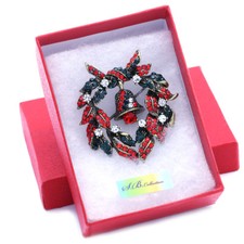 X-Mas Holiday Christmas Wreath Flower Floral Pin Brooch Crystal Jewelry Gift Box