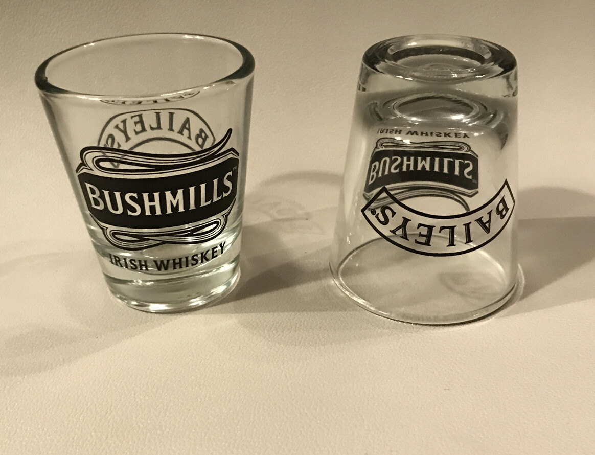 Set Of 2 New Rare Baileys Bushmills Irish Whiskey Shot Glass Pair eBay