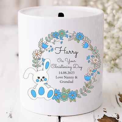Personalised Money Box Bunny Boys Christening Gift Baby