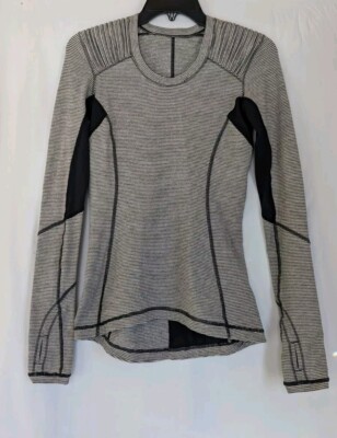 Rare Lululemon Women's 4 Star Runner LS Shirt Cashew Tonka Stripe Black Grey
