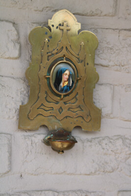 antique brass porcelain hand paint medaillon madonna portrait holy water font
