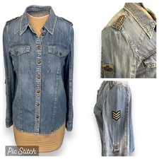 Vintage GUESS 1981 Denim Button Down Shirt Army Military Roll Sleeve Sz Med