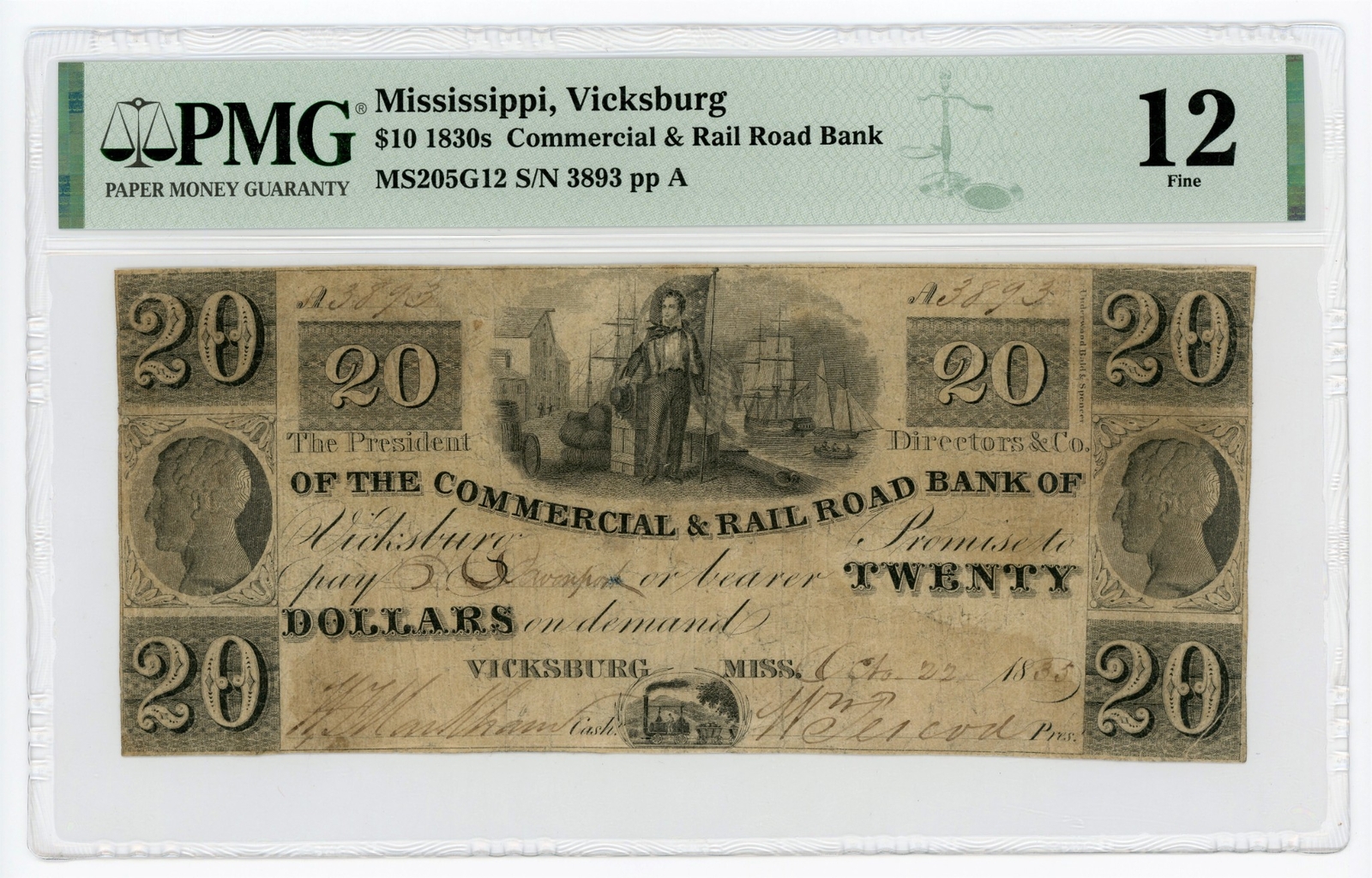 1835 20 The Commercial & Rail Road Bank of Vicksburg, MISSISSIPPI Note