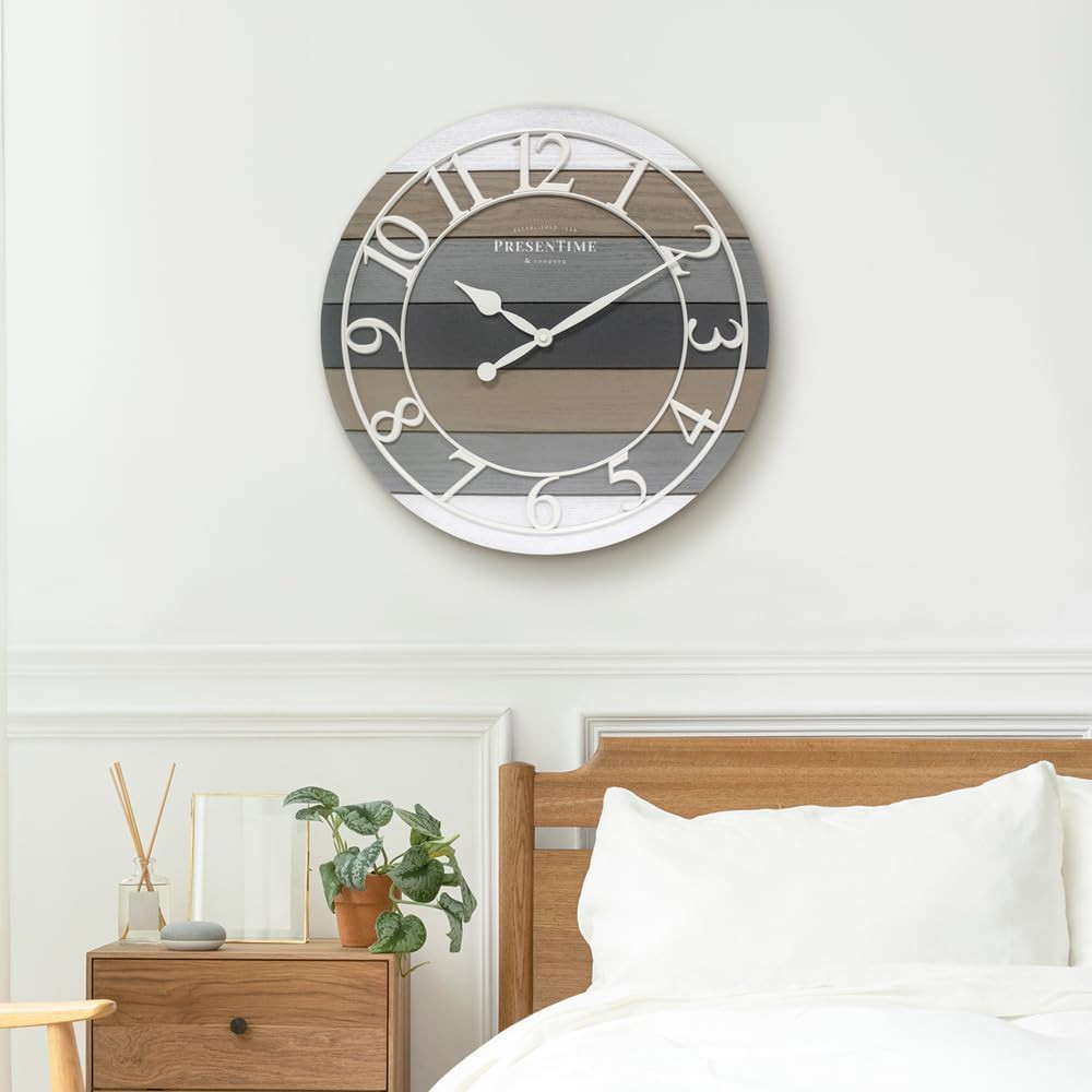 Modern Farmhouse Shiplap Wall Clock, 19.5 Inch, Multicolor Woodgrain Decor