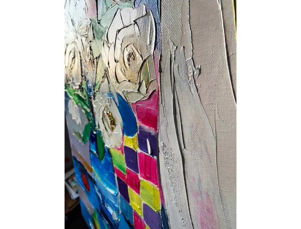 Lienzo Grande 27" ORIGINAL Pintura al Óleo Rosas Arte Pop Flor 3D Moderno Firmado Foto 4 de 4