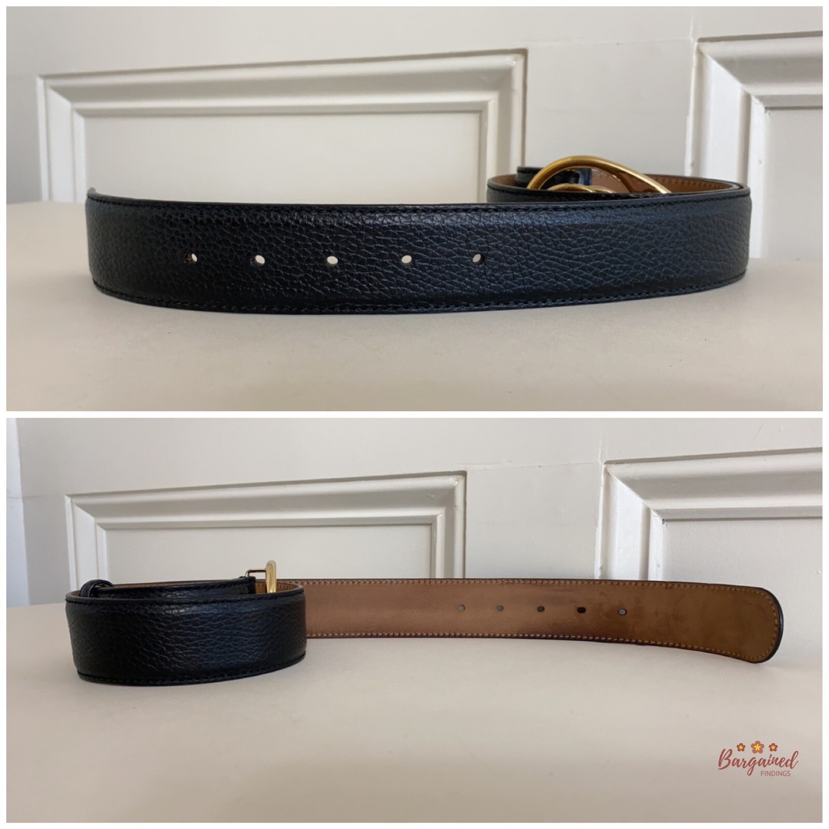 Authentic Gucci Black Smooth Leather Interlocking GG Gold Buckle Belt 80/32 Authentic Gucci Black Pebbled Calfskin Leather Gold Double G  main image 4