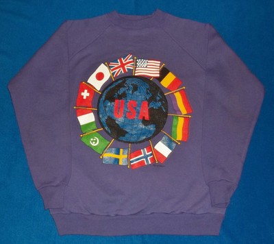 VINTAGE Hanes USA World Flags Globe Purple Sweatshirt Adult Large NICE