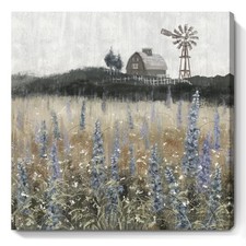 Vintage Farmhouse Canvas Print - Rustic Flower Field Landscape Art 14x14"