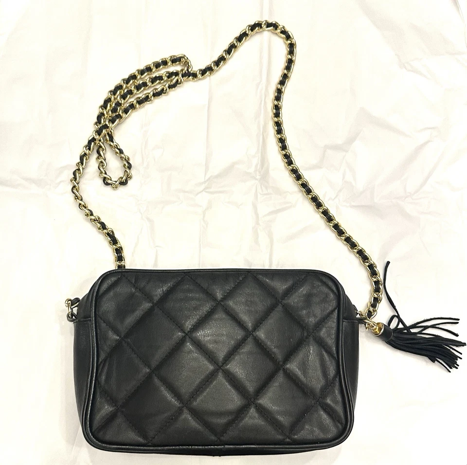 GIANI BERNINI Black Quilted Leather Crossbody Shoulder Bag Chain Strap Vintage - Image 2 of 4