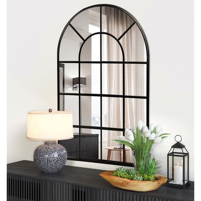 Black Arched Window Mirror, Large Window Pane Mirror, Metal Framed Windowpane...