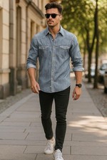 Mens Denim Shirt 100% Cotton Pocket Long Sleeve Casual Button Down Shirt Top