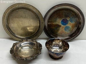 Four Mismatched Silver Plate Trays and Bowls