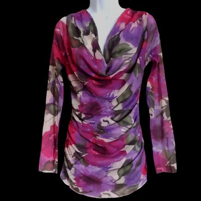 Alex Marie Mesh Cowl Neck Y2k Floral FairyCore Pixie Vibrant L Artwear SemiSheer