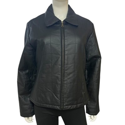 KC Collections Womens Large Black Leather Cropped Quilted Style Zip Jacket