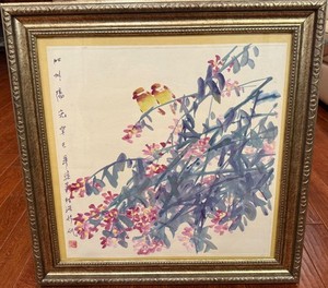 Framed Vintage Chinese Watercolor Painting Birds and Flowers