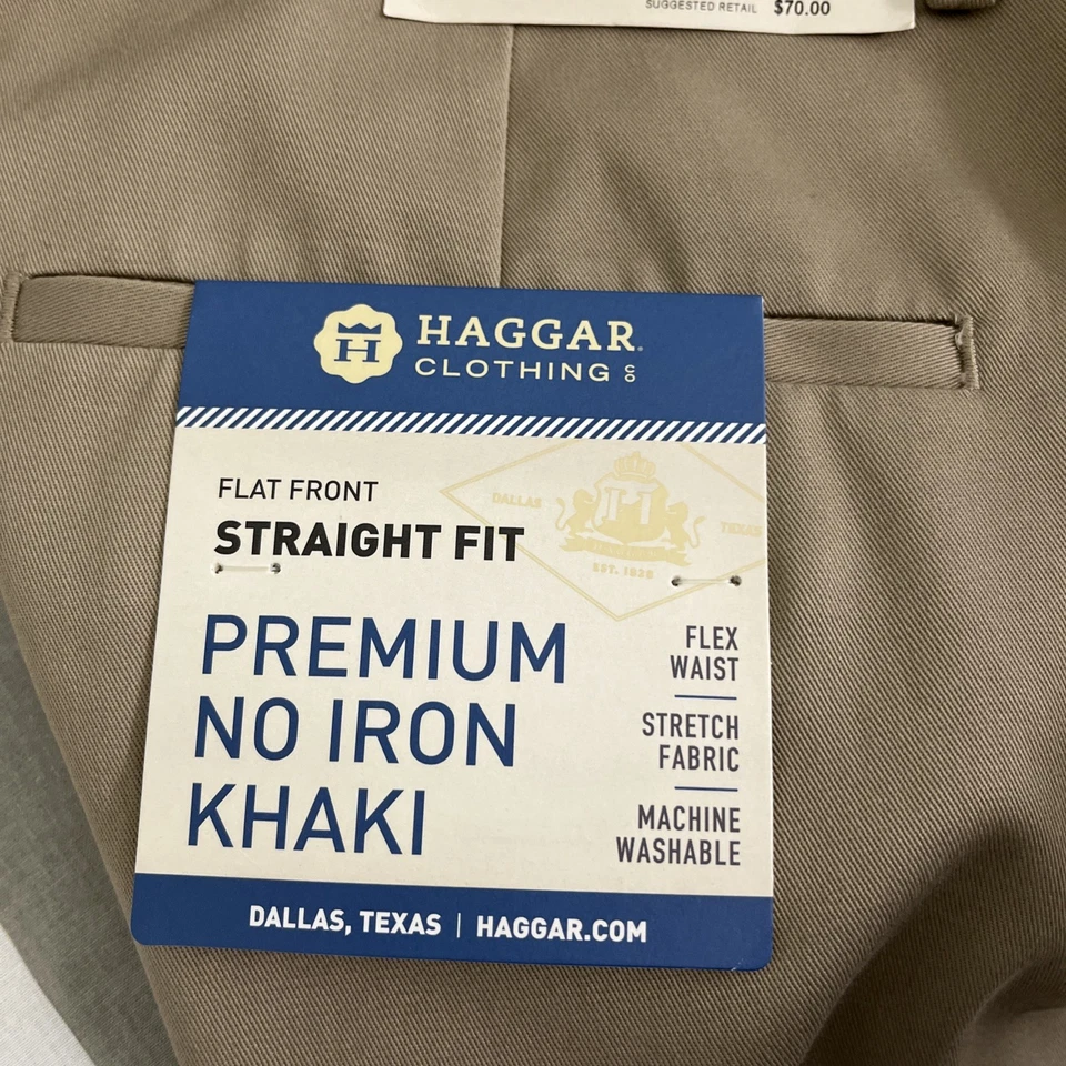 Haggar Pants Flat Front Straight Fit 34 x 38 Mens Beige Khaki no iron - Image 4 of 4