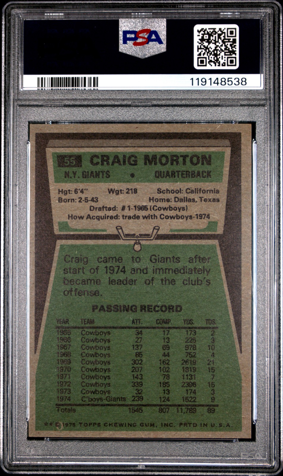 1975 TOPPS #55 CRAIG MORTON PSA 8