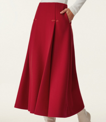 OGL CashSoft Wool Look Frog Button A-Line Zip Pocket Midi Skirt  display picture 1