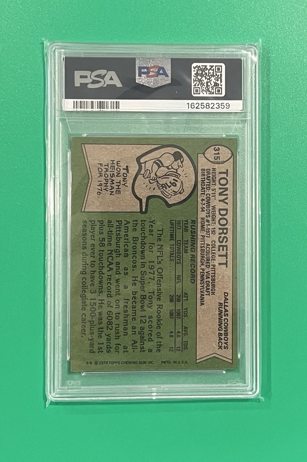 1978 Topps #315 Tony Dorsett RC HOF PSA Graded 8 - NM-MT Vintage Card view 2