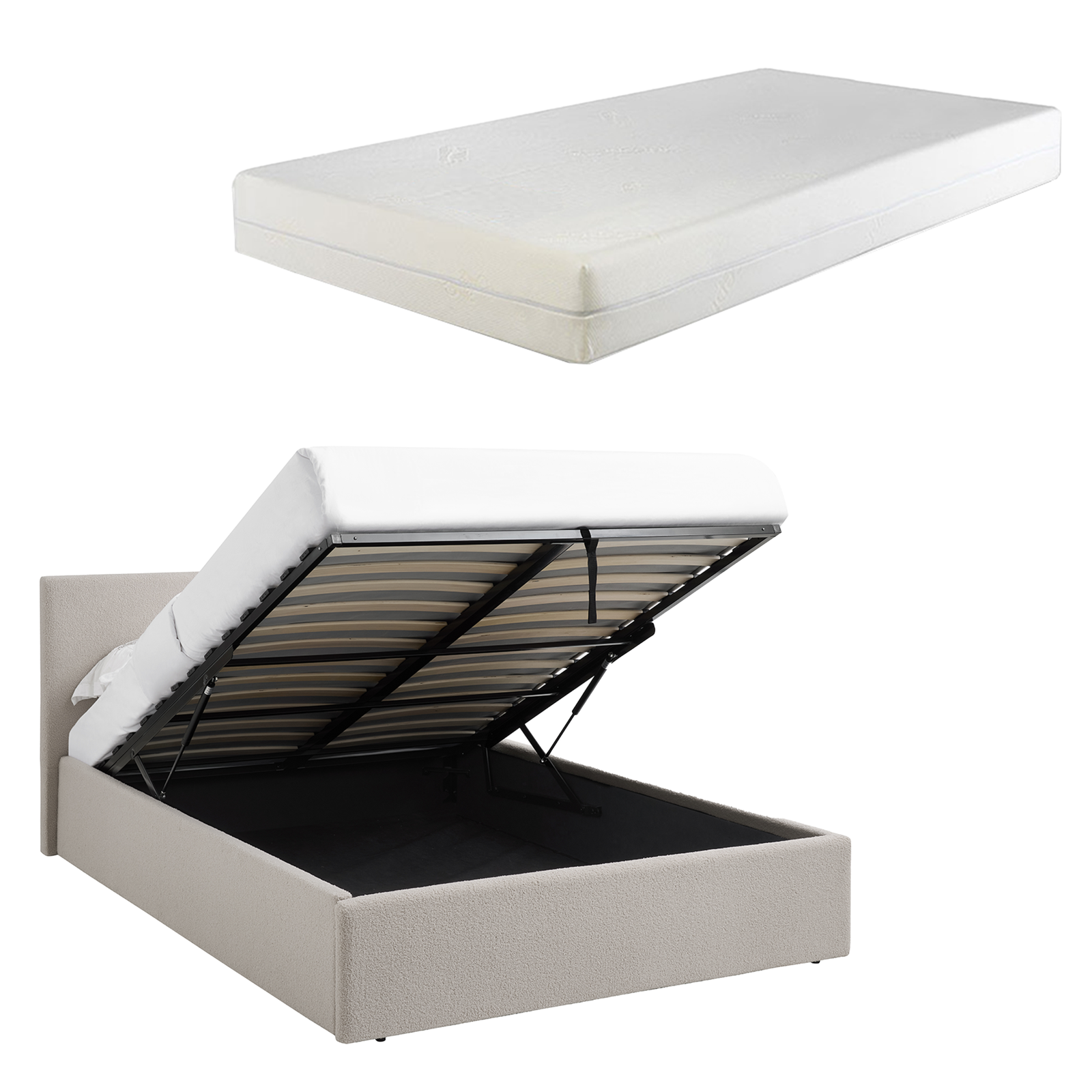 3FT Single Gas Lift Bedframe Cream Beige + 20cm Foam Mattress TEDDY BOUCLE