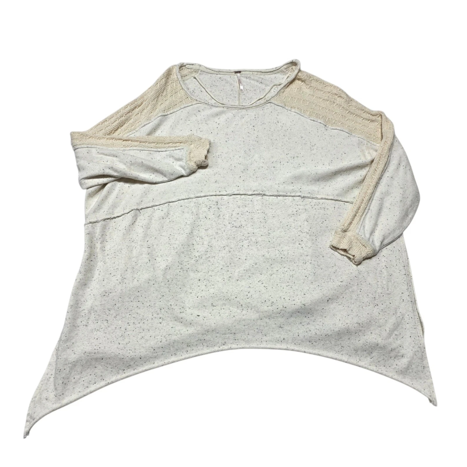 Free People Women XS Cream Speckled Knit Poncho Pullover Sweater Crochet Trim