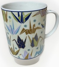 Japanese Origami Crane Coffee Mug Gold Blue Floral Ceramic Tea Cup Minimalist