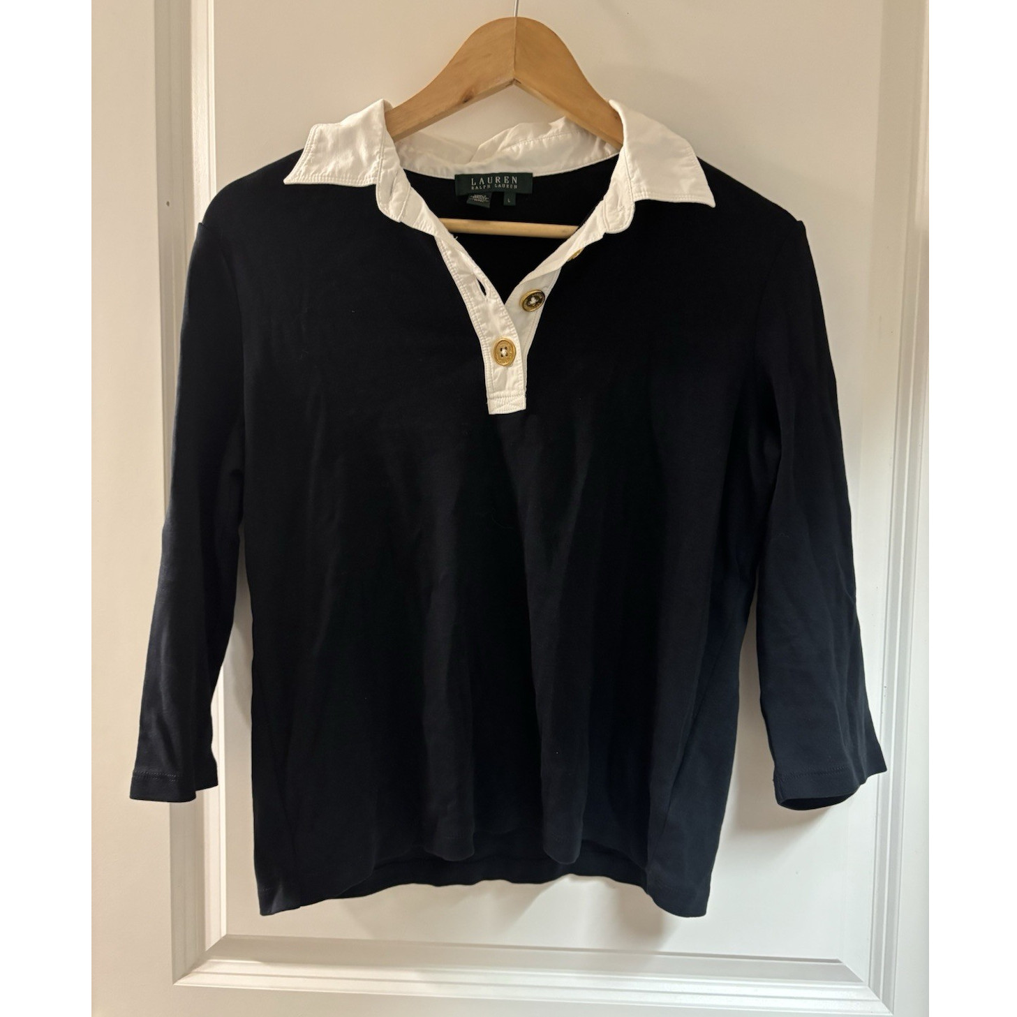 Lauren Ralph Lauren Cotton Knit Collared Button Top Black White 3/4 Sleeve L