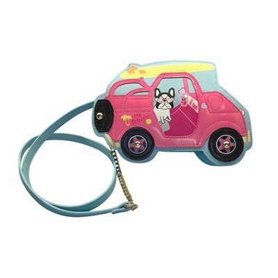 Betsey Johnson Crossbody Bag Womens Small Blue Pink Frenchie Car Novelty Purse