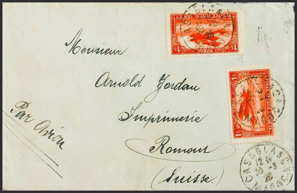 Marruecos Francés. Aéreo. SOBRE Yvert 7(2). 1925. 1 fr naranja, dos sellos. CAS - Imagen 1 de 1