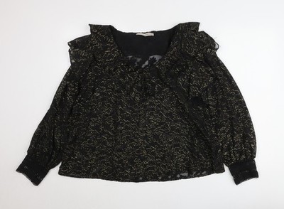 Rowen Avenue Damen Bluse schwarz gold Rüschen transparent Größe M