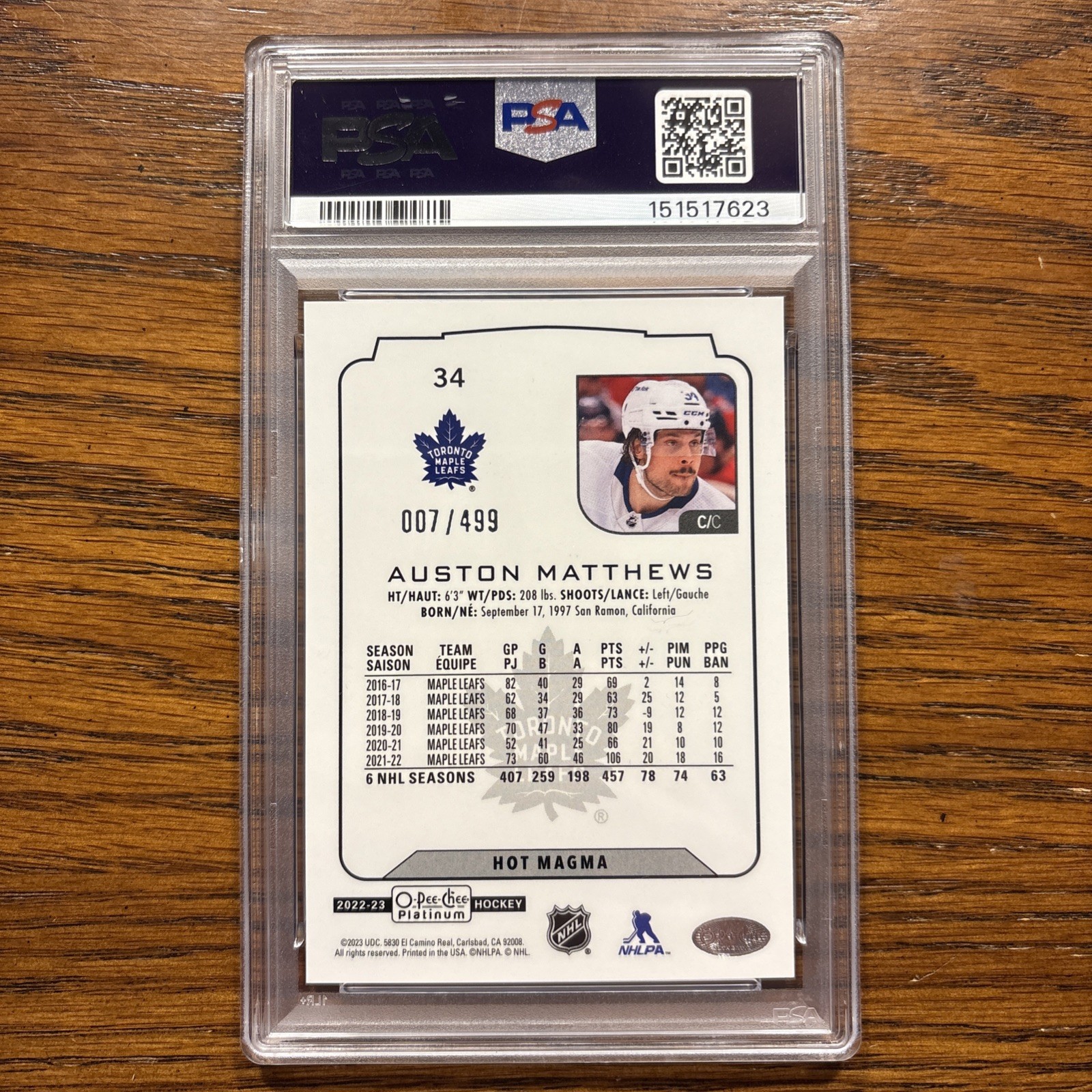 2022-23 O-Pee-Chee Platinum Auston Matthews Hot Magma /499 PSA 10 Maple Leafs view 3