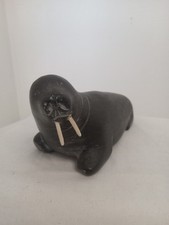 Vintage Hand Carved Eskimo Inuit Soapstone Walrus w/ Tusks Signed A. Elese