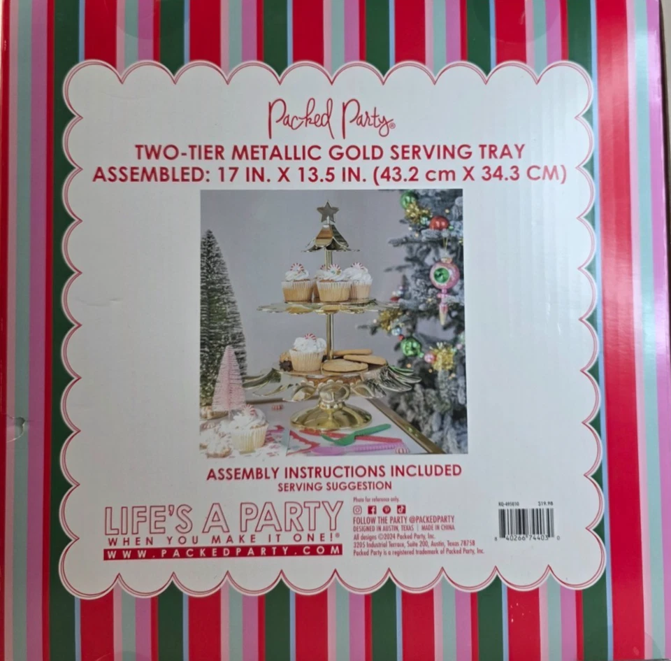 Bandeja para servir dorada metálica plástica de dos niveles empacada para fiestas nueva Foto 2 de 3