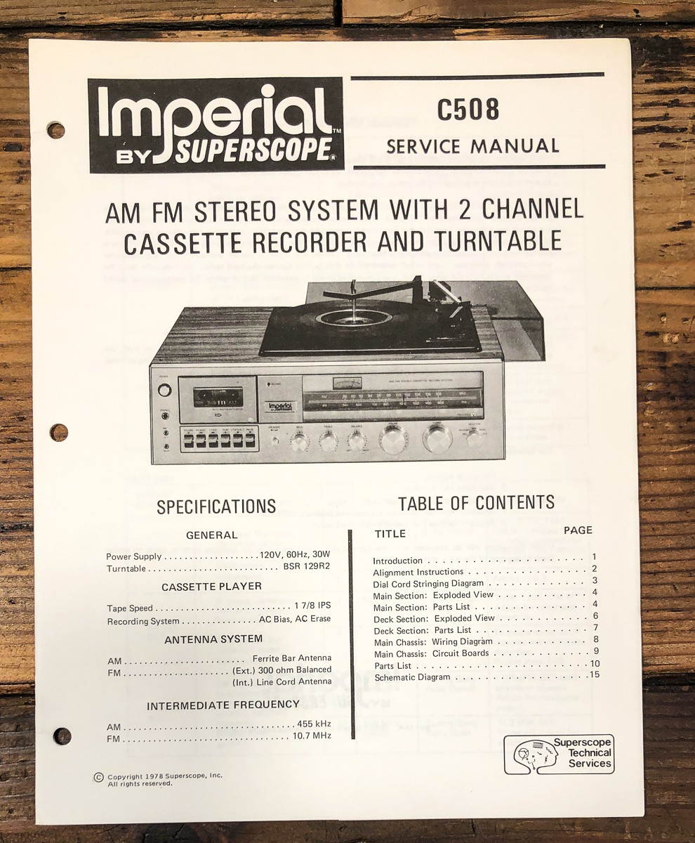 Imperial / Superscope C508 C-508 Stereo Service Manual *Original*
