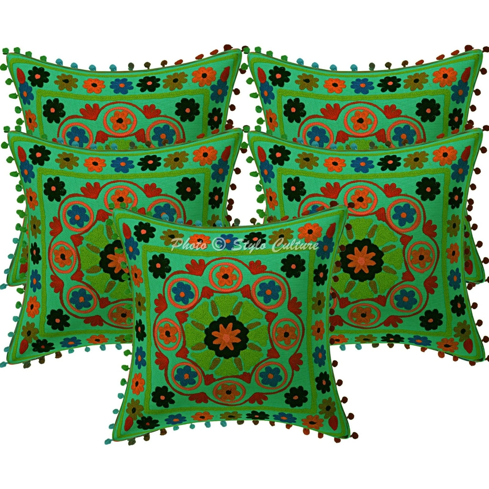 Bohemian Suzani Embroidered Pom Pom Throw Pillow Covers Cotton Floral Indian