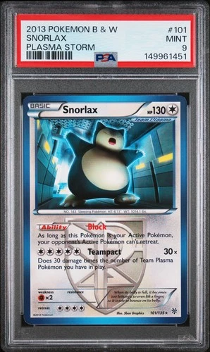 2013 POKEMON BLACK & WHITE PLASMA STORM #101 SNORLAX PSA 9