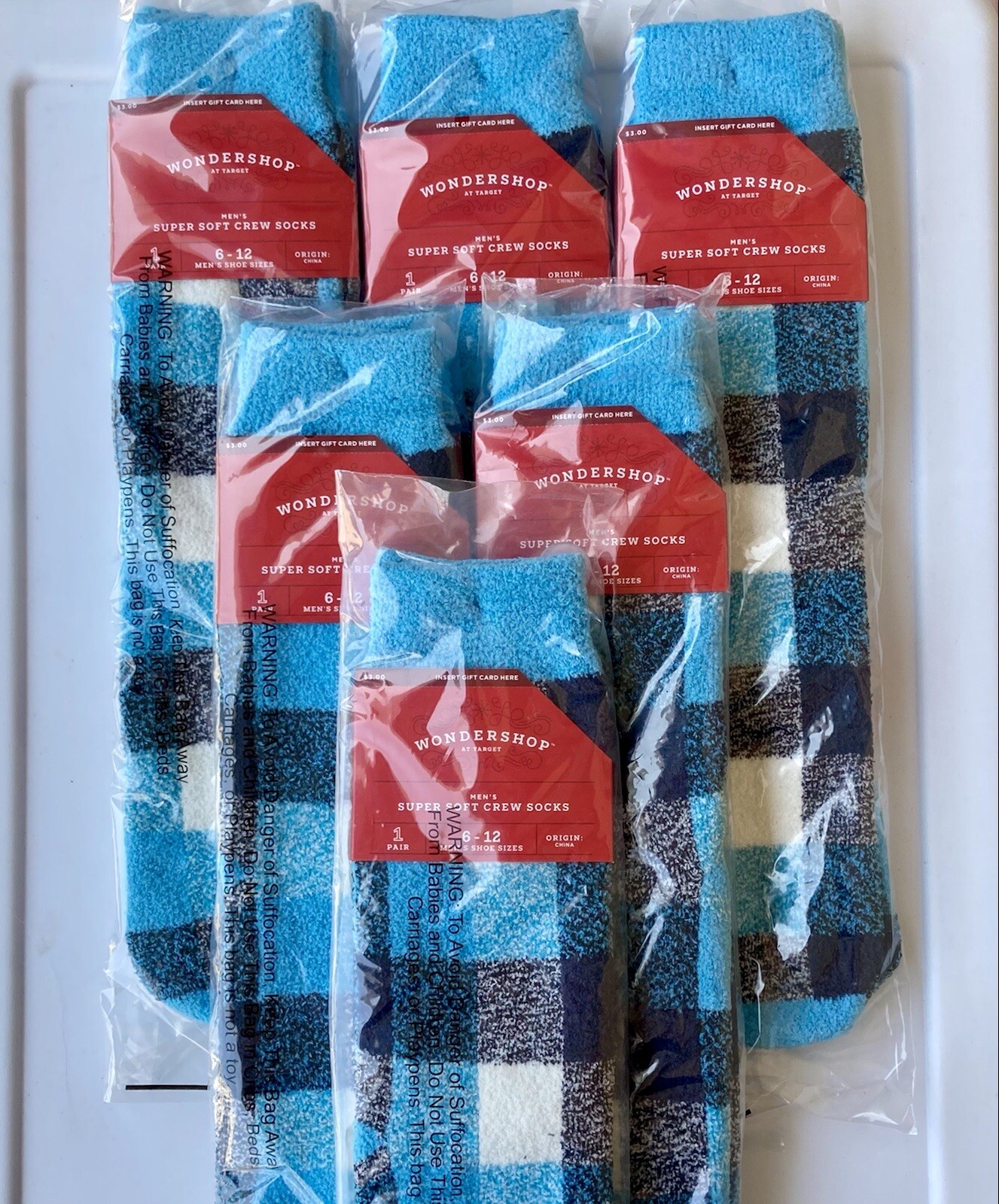 6 Pack - WonderShop Mens Blue Black White Plaid Super Soft Crew Socks Size 6-12