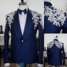 Men Suit Luxury Sliver Applique Beads Single-breasted Men Suit Tailored Fit Suit