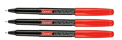 3 x Fine Tip Permanent Marker Pen Red CD / DVD / OHP Marker Water Proof Ink