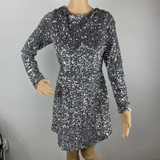 Angel Biba Womens 12 Silver Sequin Long Sleeve Dress NWT Holiday Cocktail Party