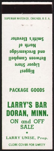 Vintage matchbook cover LARRYS BAR Larry Unise Doran Minnesota unstruck n-mint