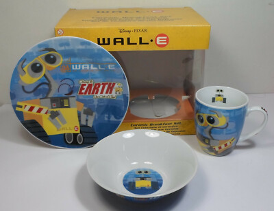 DISNEY PIXAR WALL E CERAMIC BREAKFAST SET PLATE BOWL & MUG MIP UNUSED VERY RARE