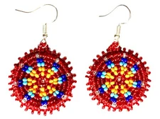 NATIVE STYLE HANDCRAFTED ROUND RED FLOWER HOOK DROP/DANGLE EARRINGS USA 60/53
